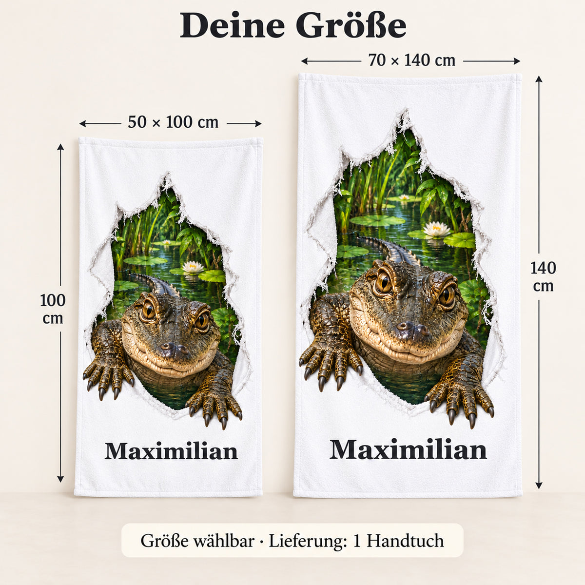 Handtuch mit Krokodil und Wunschname in 50 × 100 und 70 × 140 cm