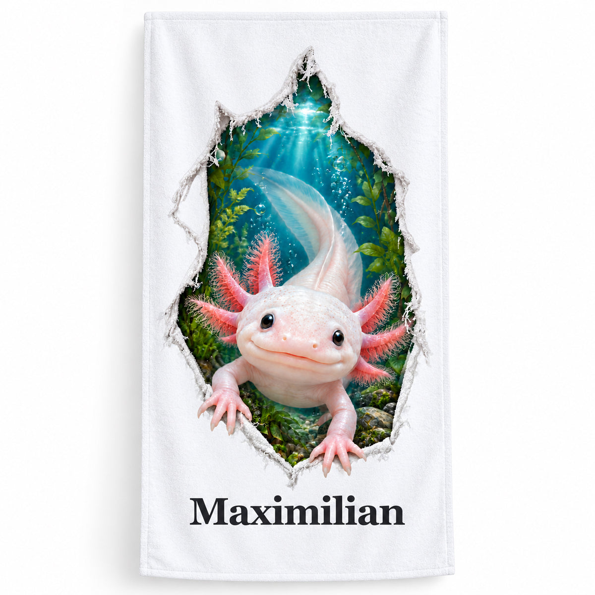 Handtuch mit Axolotl im gedruckten Stoffriss und Wunschname auf Weiß