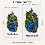 Handtuch mit blauem Pfeilgiftfrosch und Wunschname in 50 × 100 und 70 × 140 cm