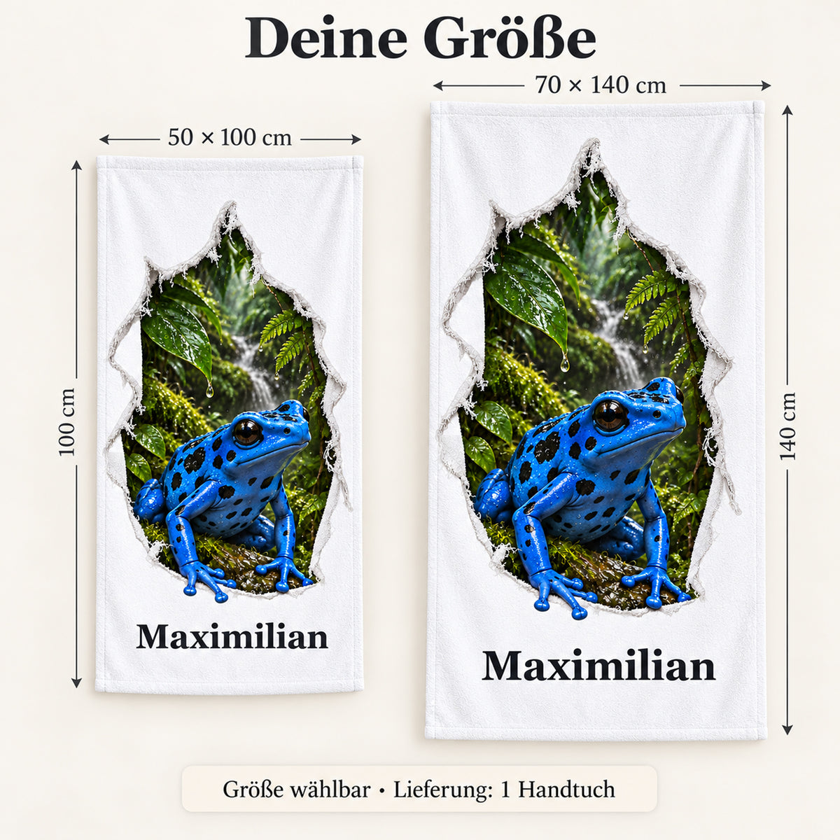 Handtuch mit blauem Pfeilgiftfrosch und Wunschname in 50 × 100 und 70 × 140 cm