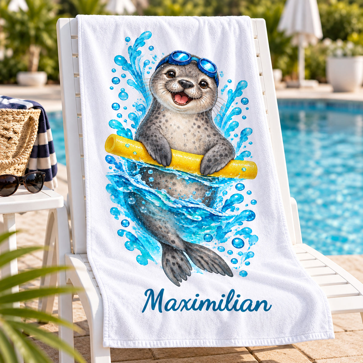 Robbe Handtuch mit Wunschnamen – Schwimmbad