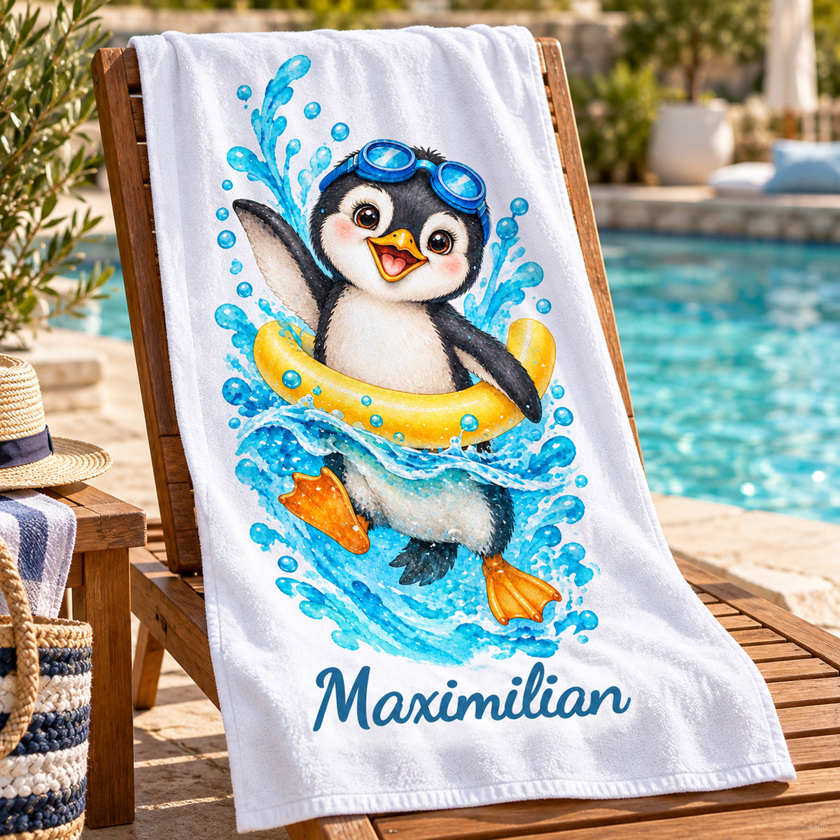 Pinguin Handtuch mit Wunschnamen – Schwimmbad
