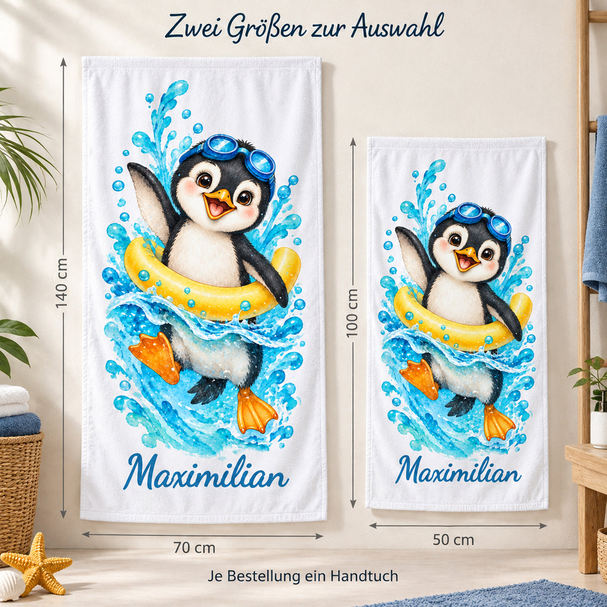 Pinguin Handtuch mit Wunschnamen – Größen