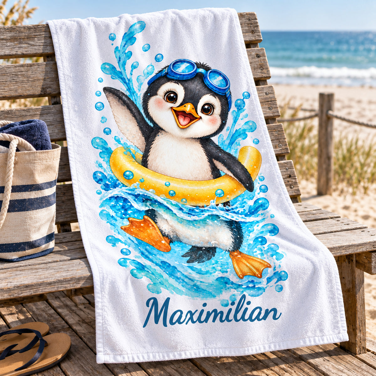 Pinguin Handtuch mit Wunschnamen – Strand