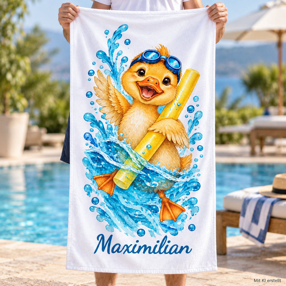 Ente Handtuch mit Wunschnamen – Handtuch in der Hand