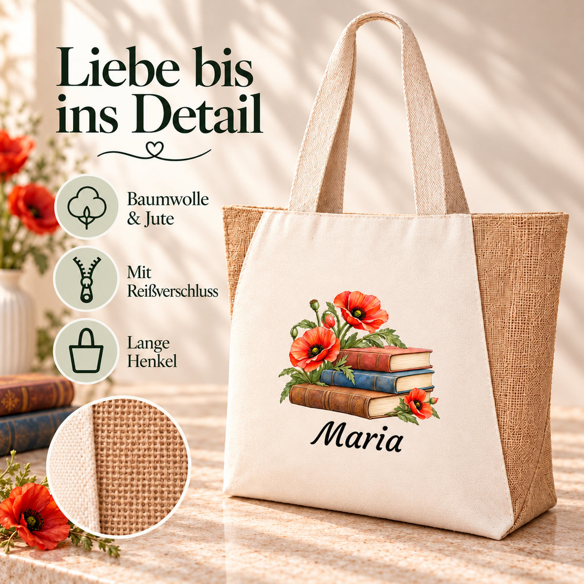 Maße und Produktdetails der Tasche aus Baumwolle und Jute mit Bücher und Mohn