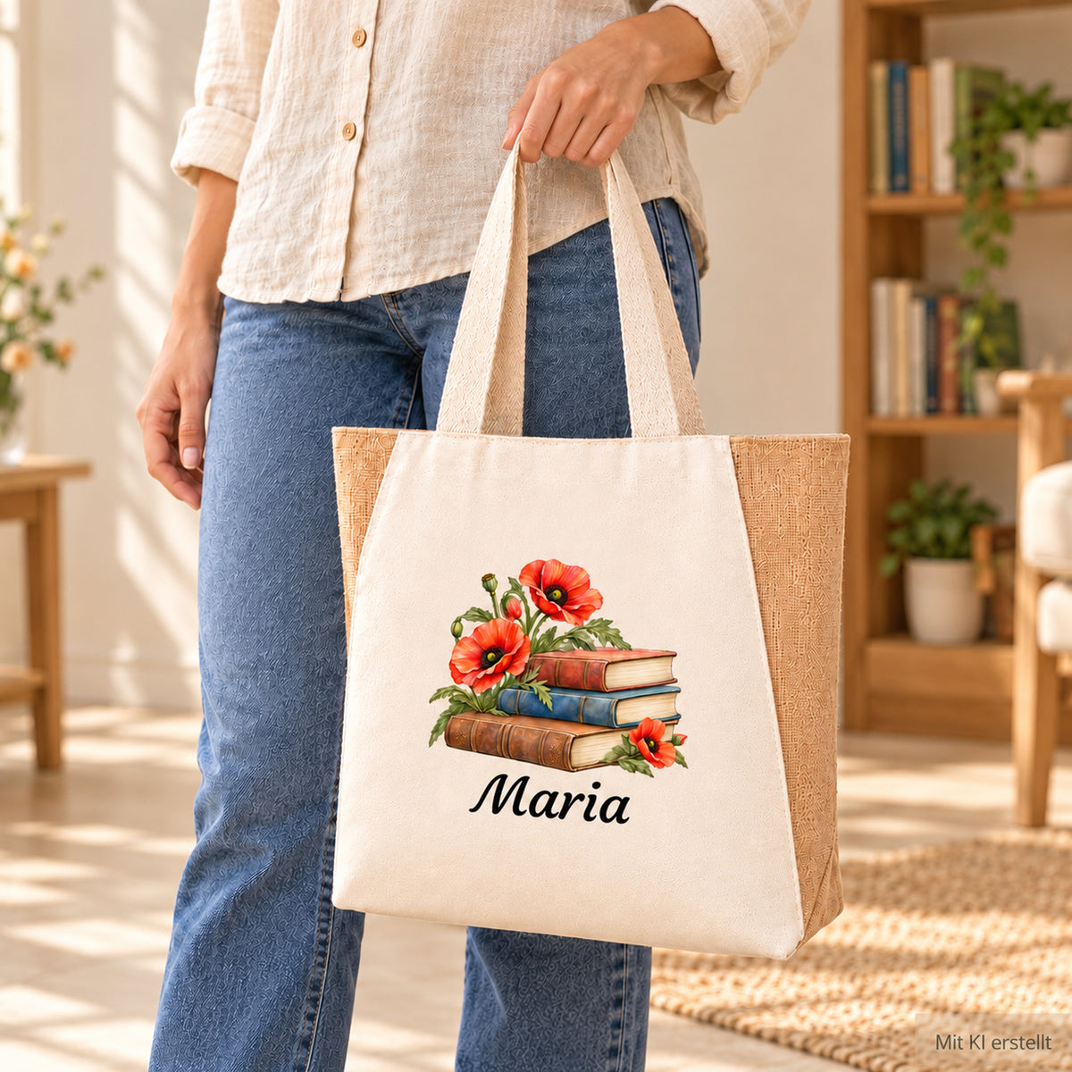 Shopper mit Bücher und Mohn und Wunschname über der Schulter getragen