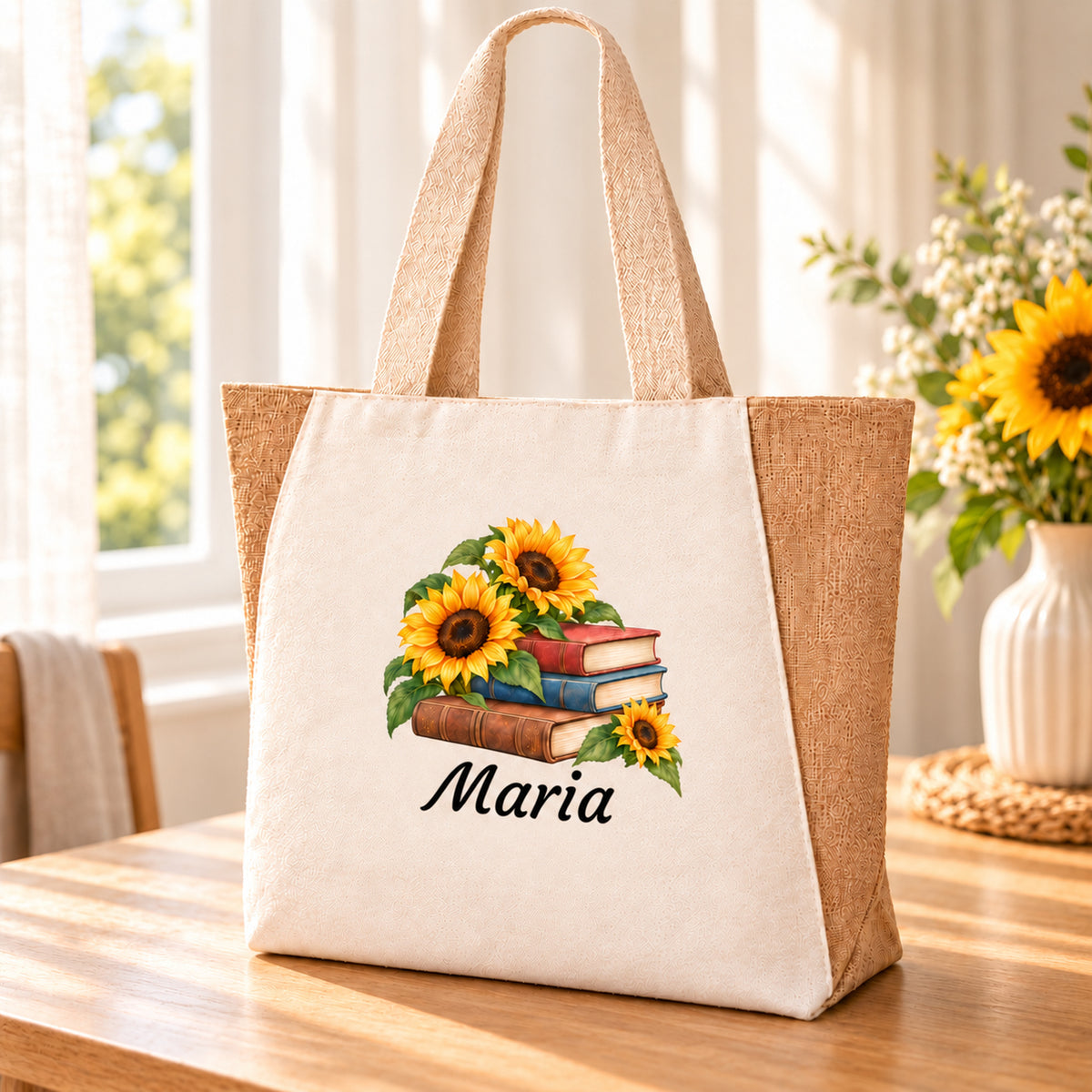 Tasche für Bücherfreunde mit Bücher und Sonnenblumen und persönlichem Wunschnamen