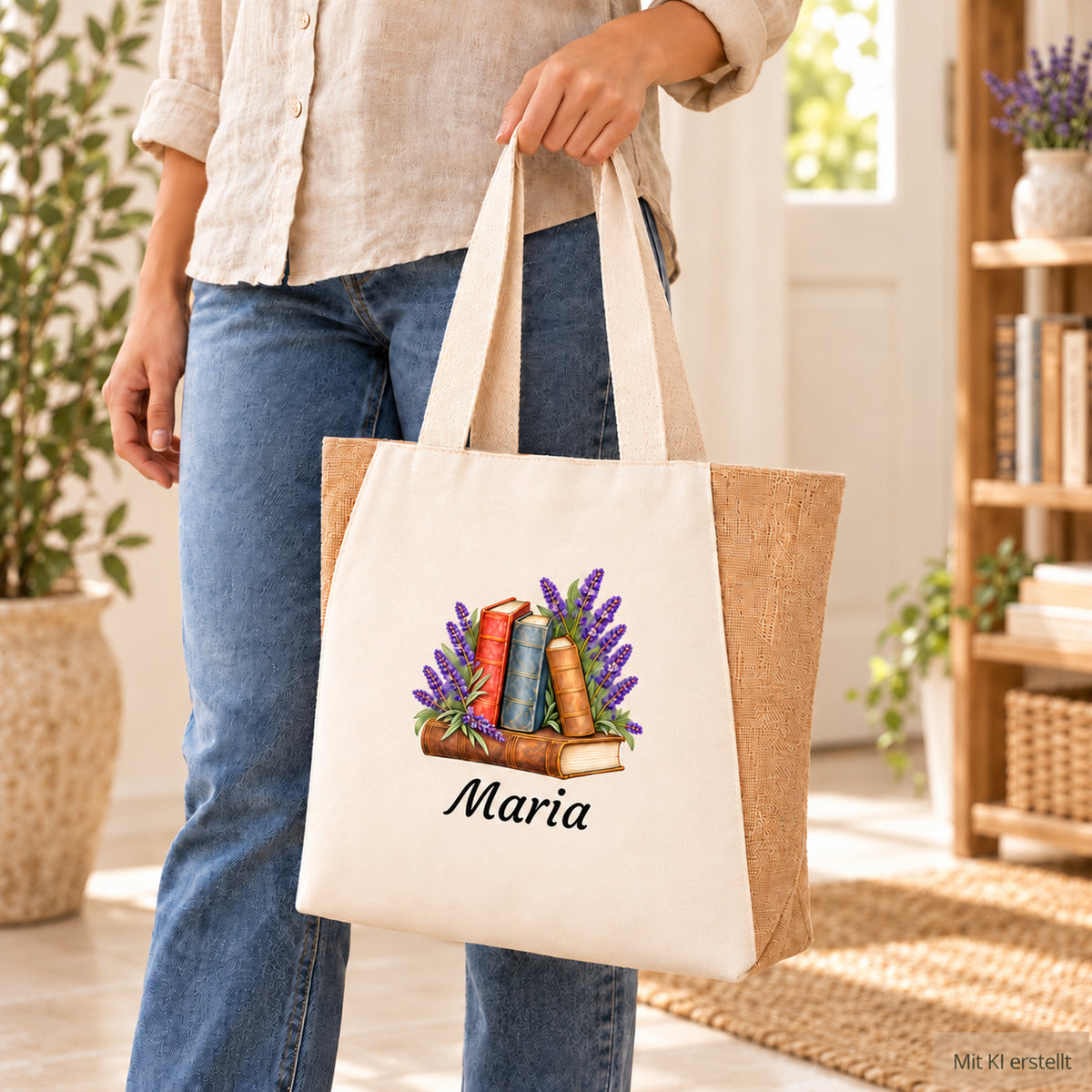 Shopper mit Bücher und Lavendel und Wunschname über der Schulter getragen