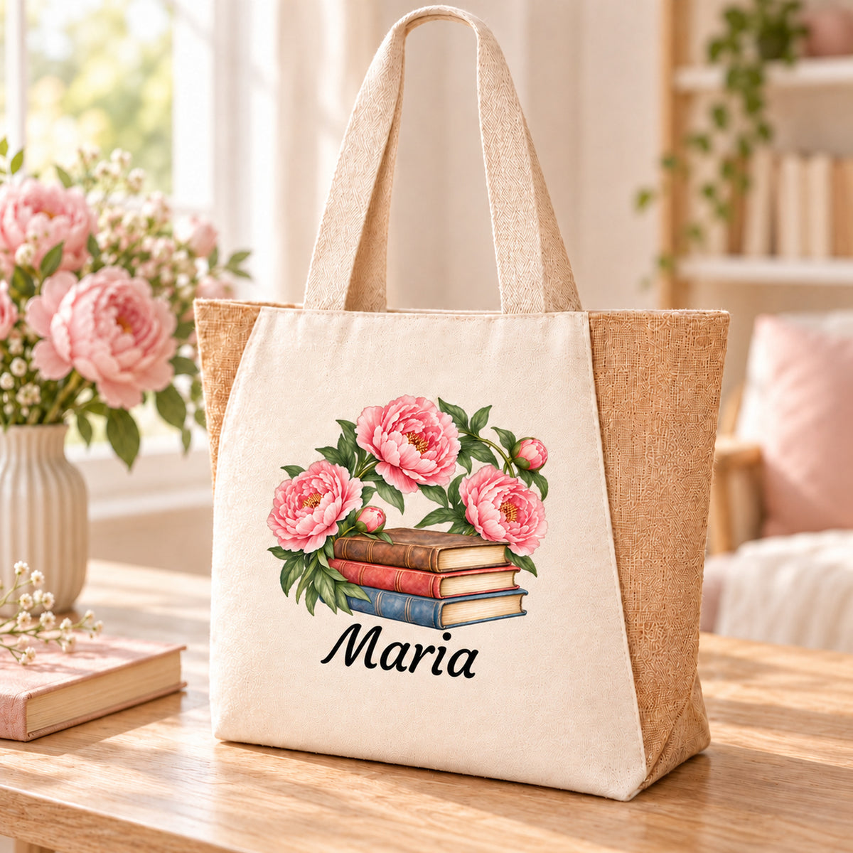 Naturfarbener Shopper mit Wunschname und Bücher und Pfingstrosen auf der Vorderseite