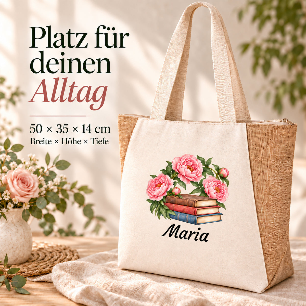 Seitliche Ansicht des Shoppers mit Juteseiten, Reißverschluss und Bücher und Pfingstrosen