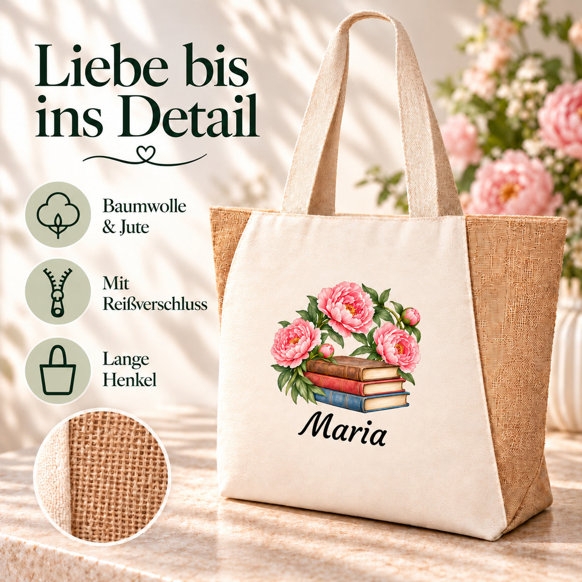 Maße und Produktdetails der Tasche aus Baumwolle und Jute mit Bücher und Pfingstrosen