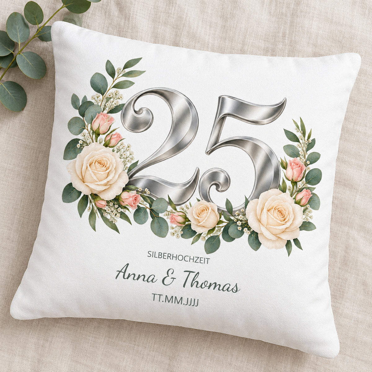 Kissenbezug Silberhochzeit mit Namen und Datum – Romantischer Rosenzauber, Ansicht 2