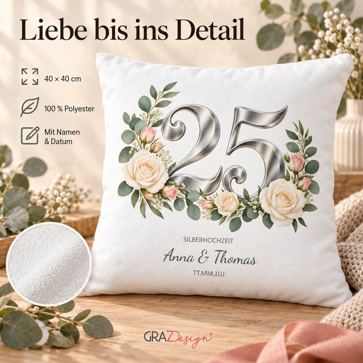 Kissenbezug Silberhochzeit mit Namen und Datum – Romantischer Rosenzauber, Ansicht 4