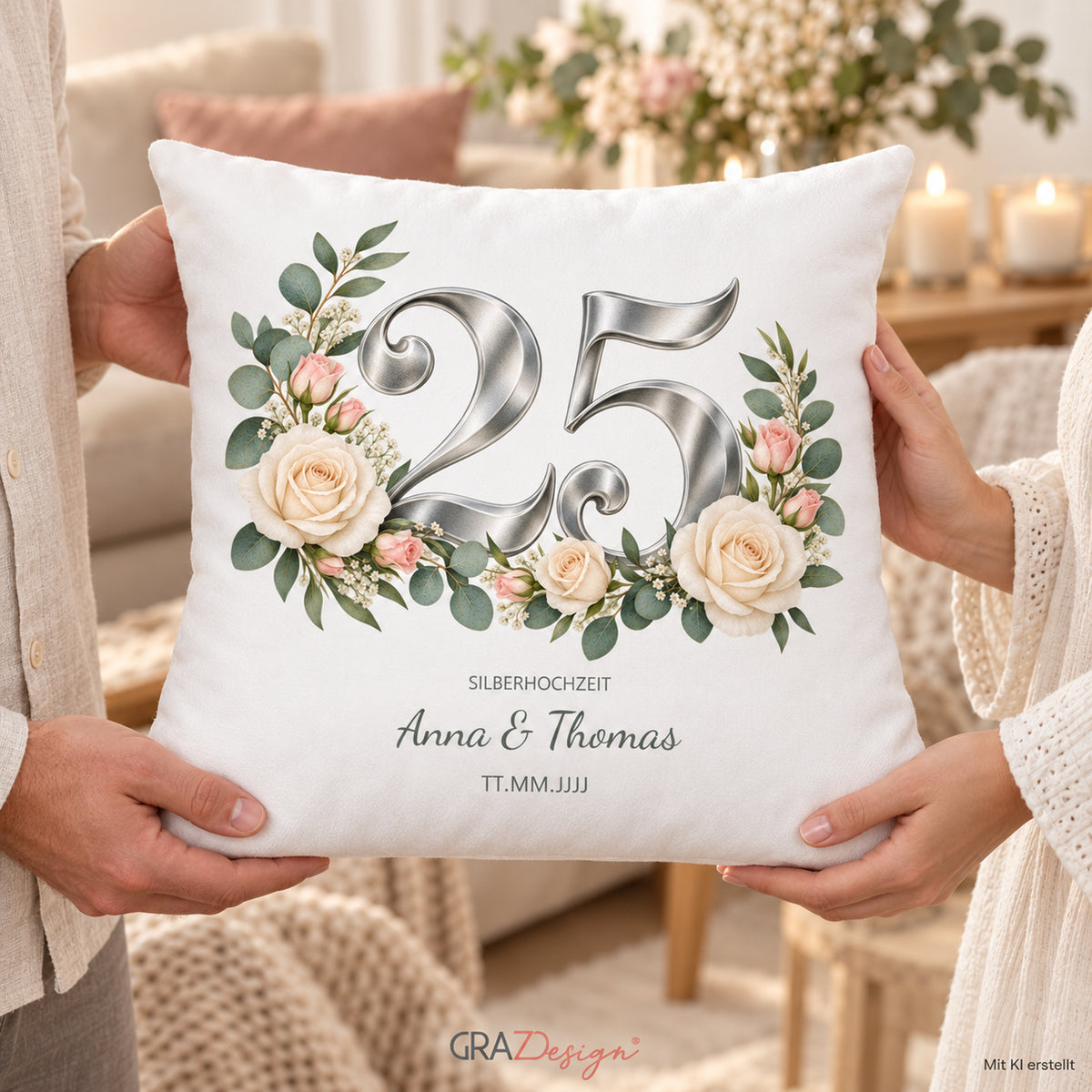 Kissenbezug Silberhochzeit mit Namen und Datum – Romantischer Rosenzauber, Ansicht 7