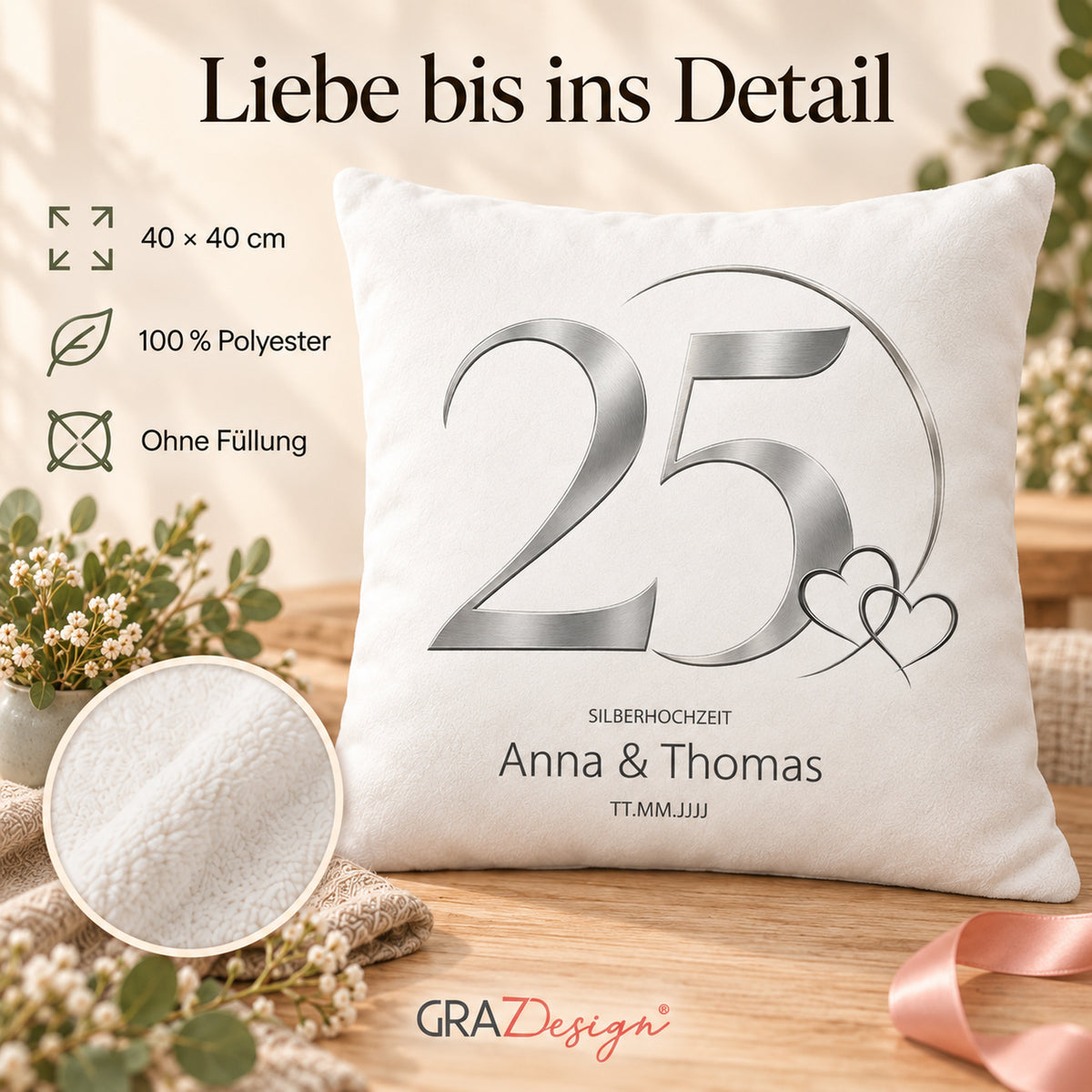 Kissenbezug Silberhochzeit mit Namen und Datum – Moderne Verbundenheit, Ansicht 4
