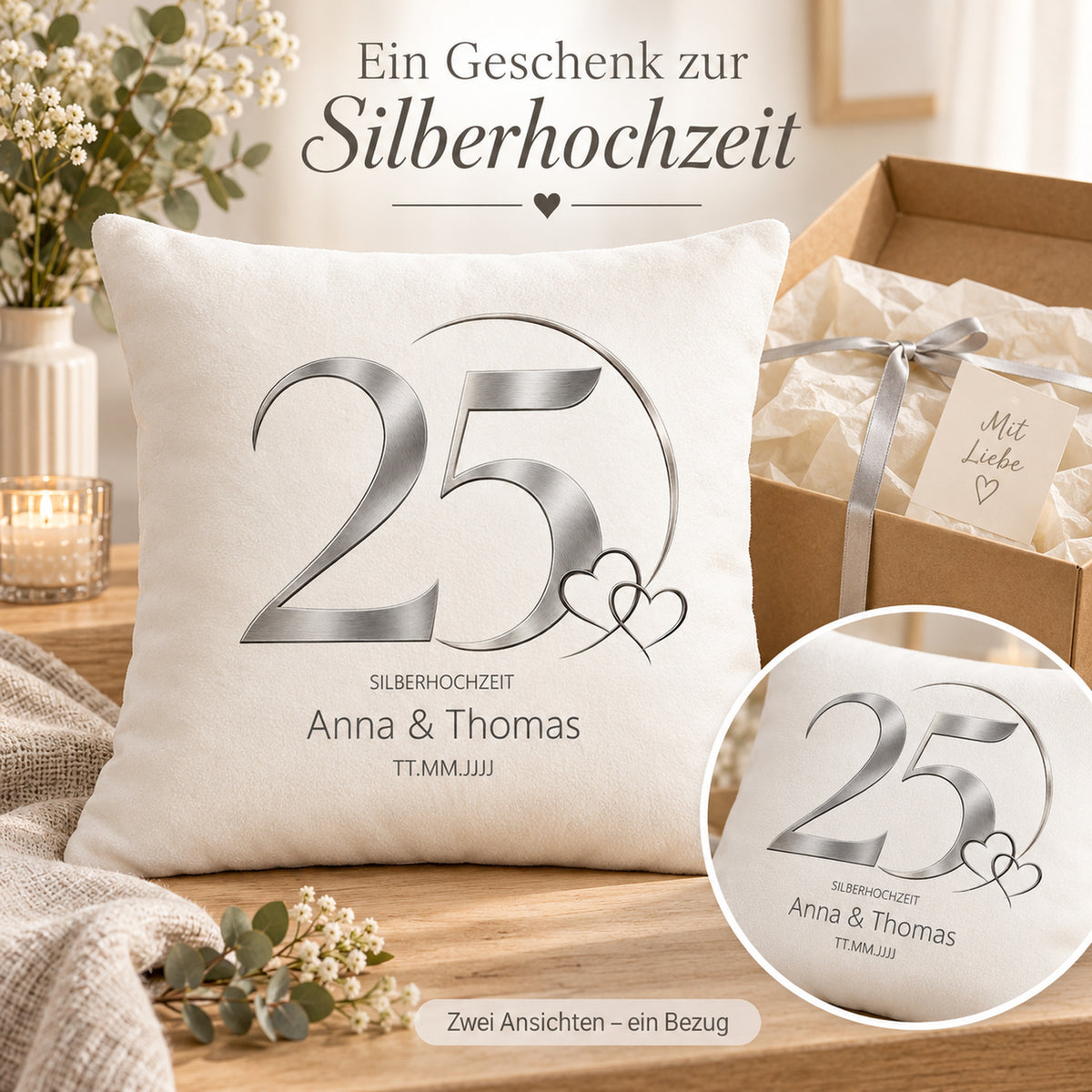 Kissenbezug Silberhochzeit mit Namen und Datum – Moderne Verbundenheit, Ansicht 6