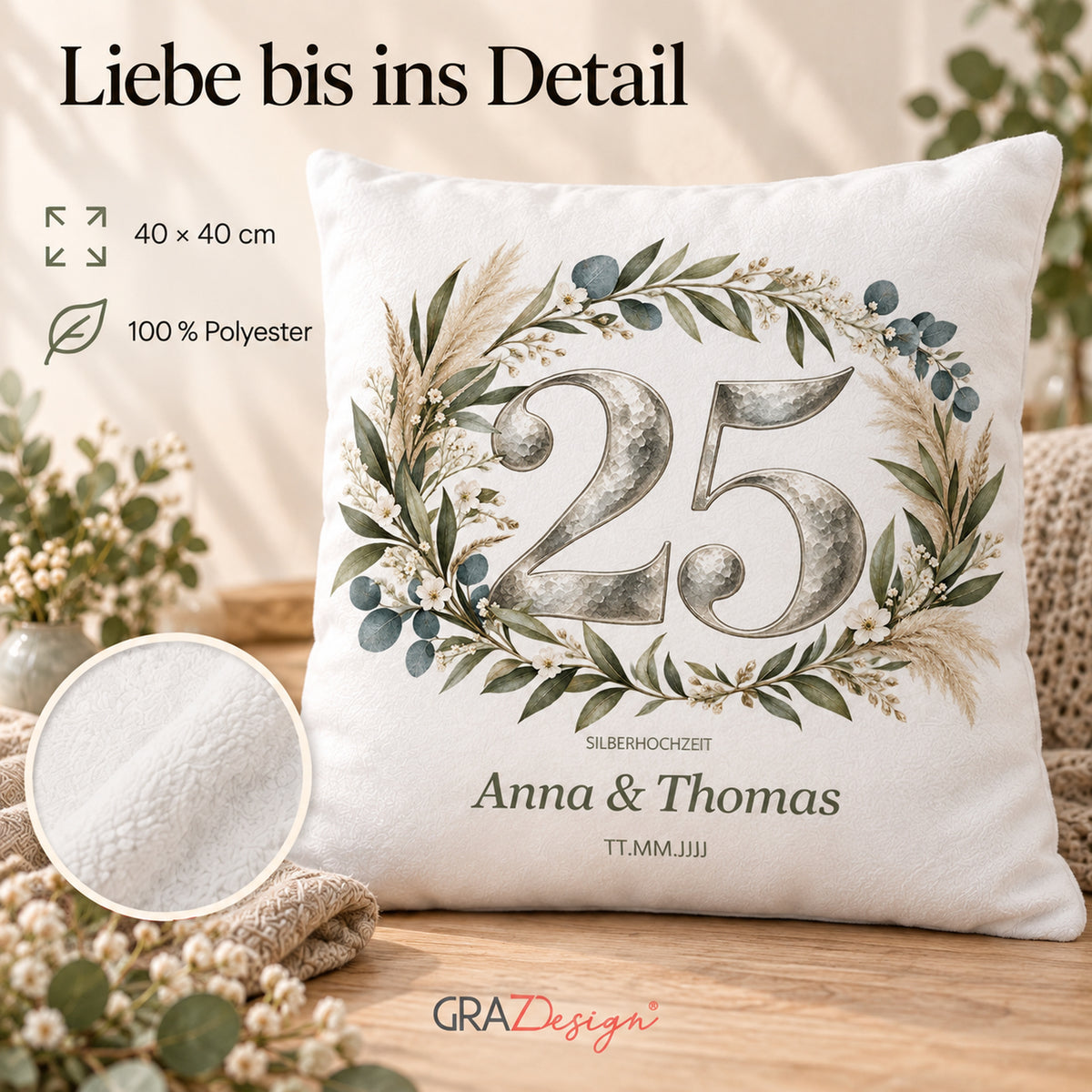 Kissenbezug Silberhochzeit mit Namen und Datum – Natürlicher Boho-Kranz, Ansicht 4