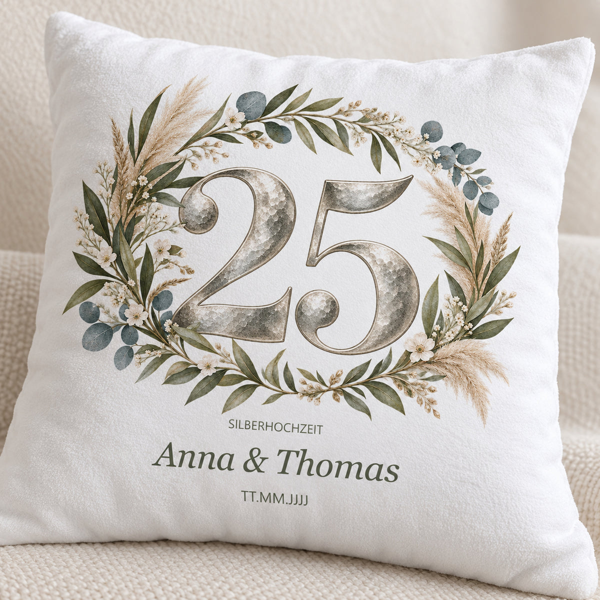 Kissenbezug Silberhochzeit mit Namen und Datum – Natürlicher Boho-Kranz, Ansicht 6
