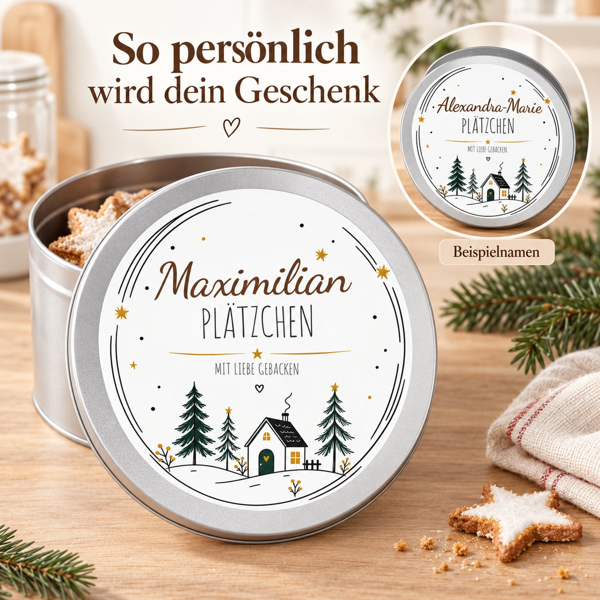 Personalisierung des Deckelmotivs Waldhäuschen mit zwei Beispielnamen.