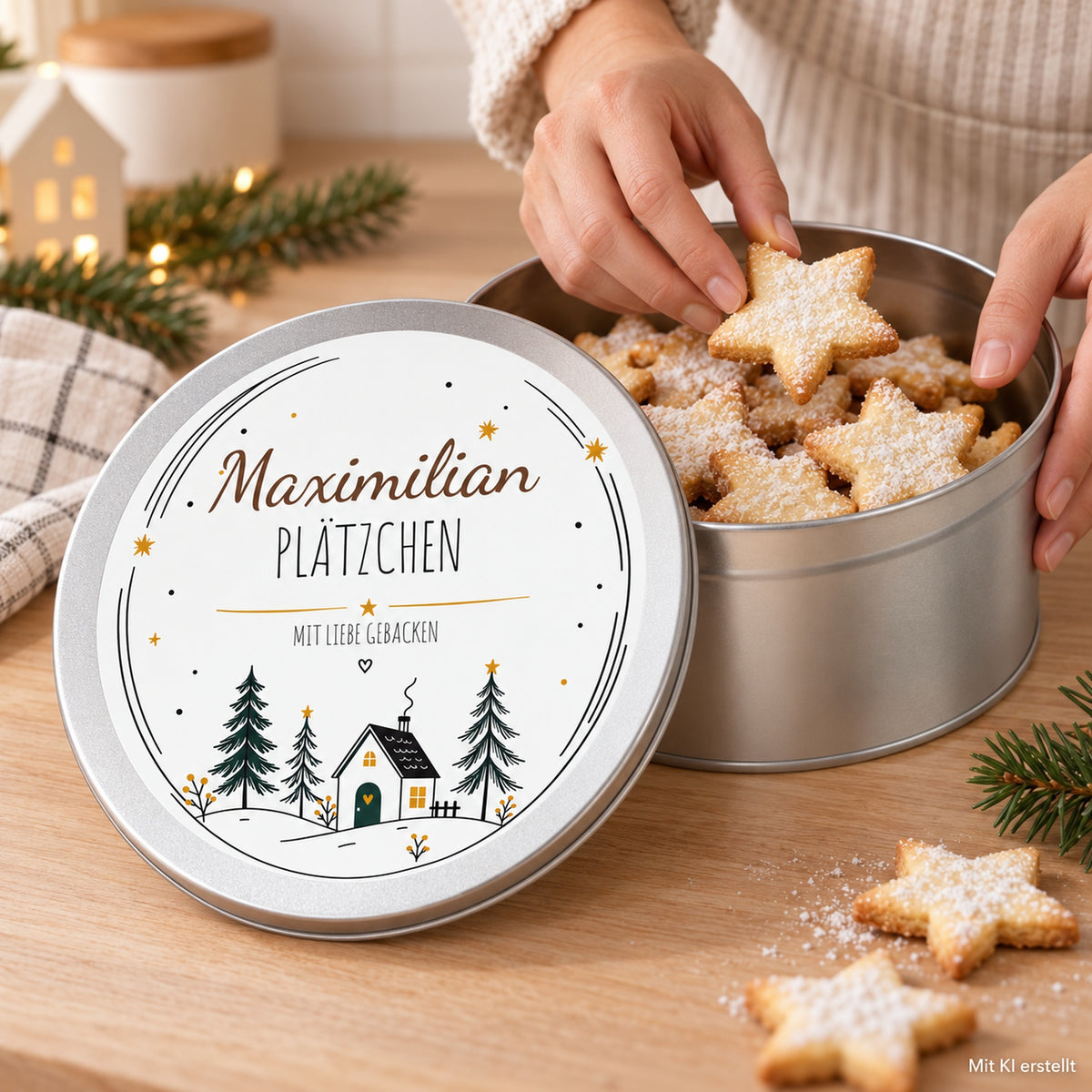 Hände füllen Plätzchen in eine offene Keksdose; der bedruckte Deckel Waldhäuschen ist daneben sichtbar.