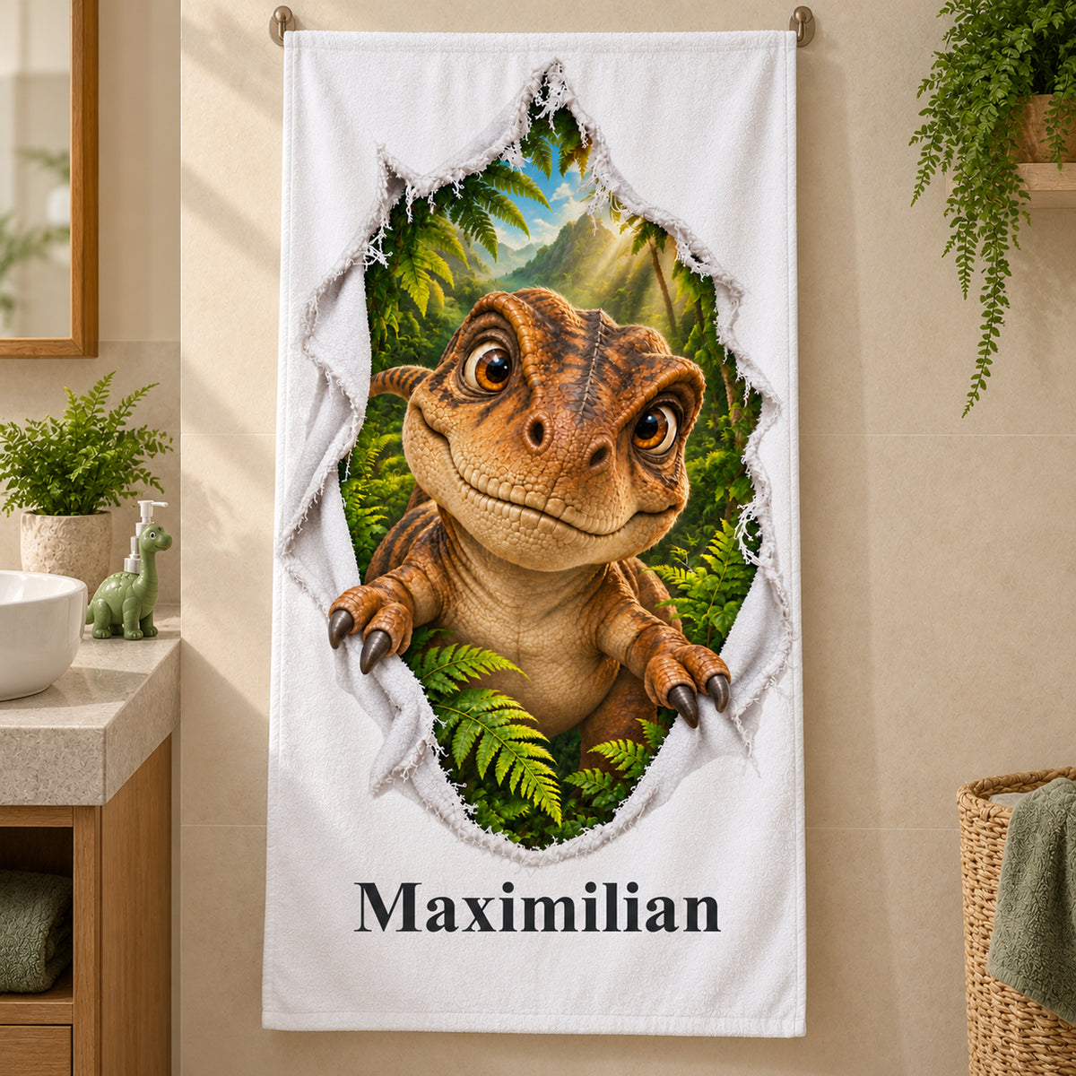 Weißes personalisiertes Handtuch mit T-Rex-Baby-Motiv im Stoffriss-Design an einer Badezimmerwand.