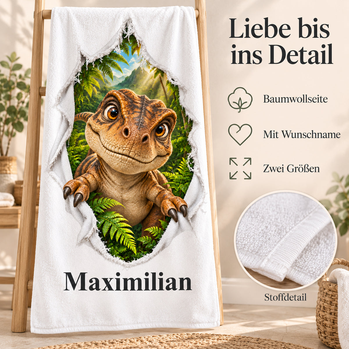Weißes personalisiertes Handtuch mit T-Rex-Baby-Motiv im Stoffriss-Design mit Materialdetail und Informationen zur Personalisierung.