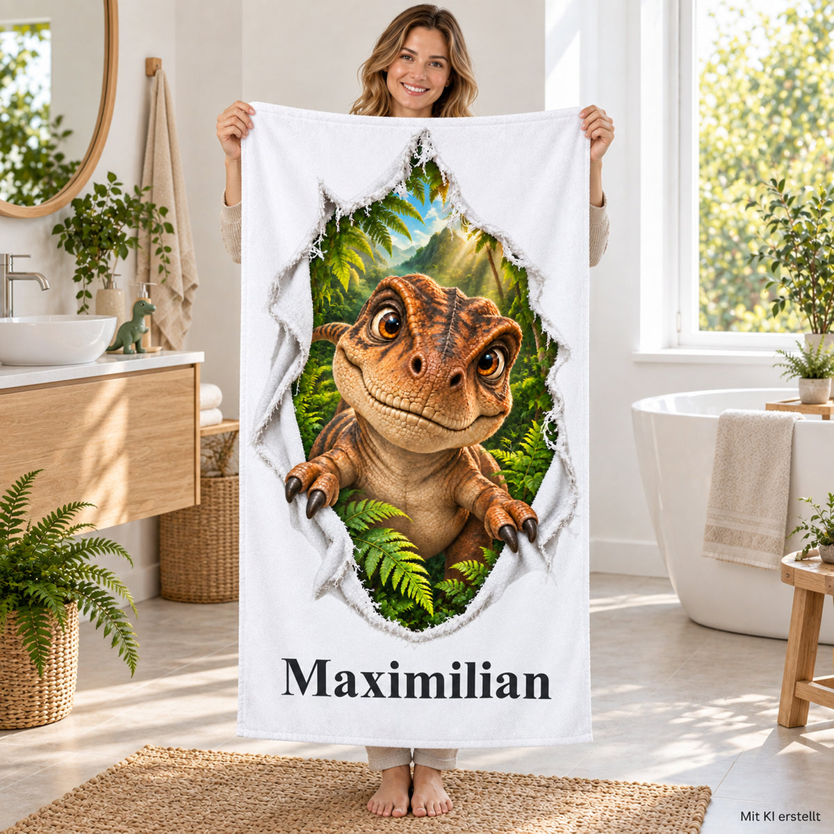 Weißes Handtuch mit T-Rex-Baby-Motiv im Stoffriss-Design und Wunschname, von einer erwachsenen Frau im Badezimmer gehalten.