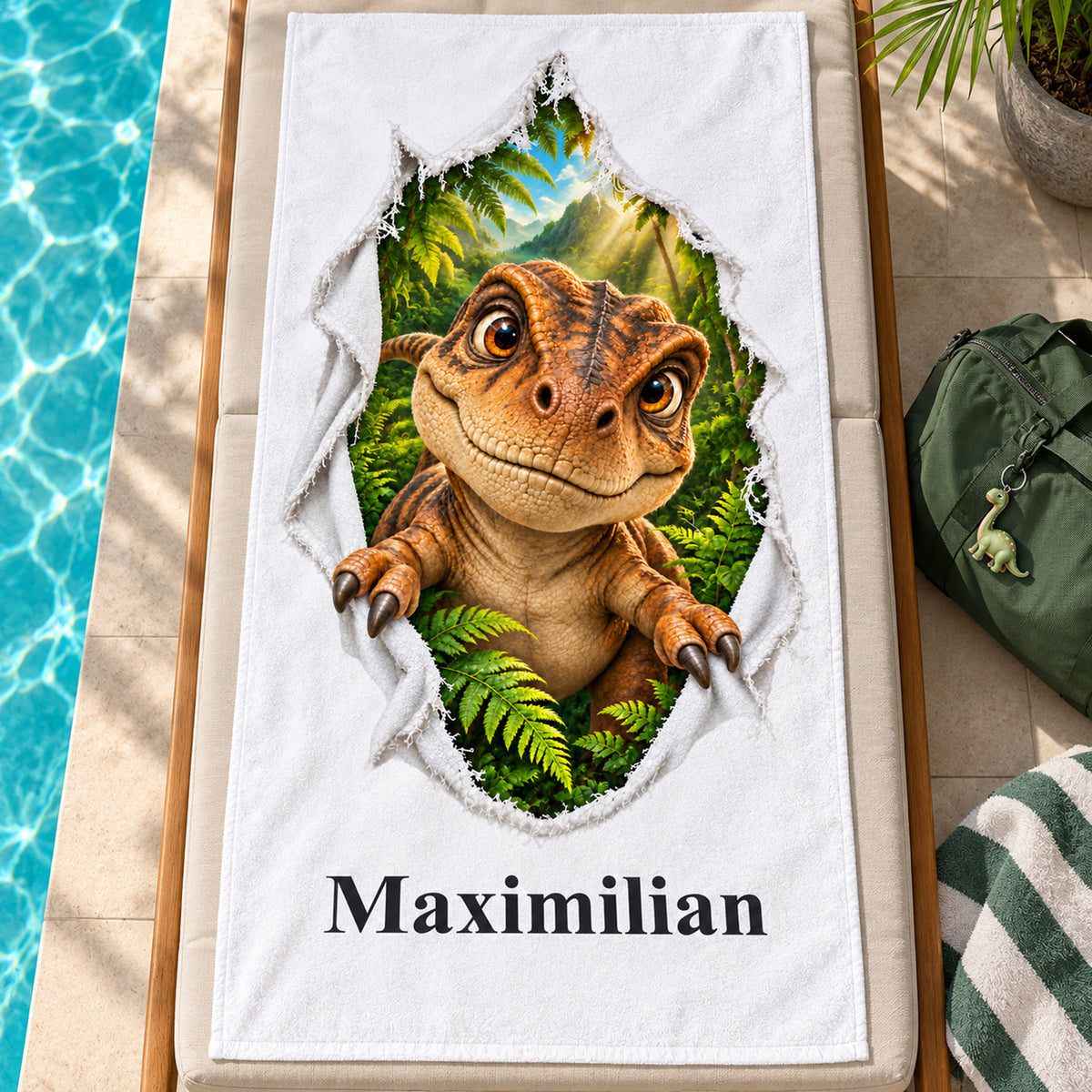 Weißes personalisiertes Handtuch mit T-Rex-Baby-Motiv im Stoffriss-Design auf einer Liege am Schwimmbecken mit grüner Schwimmtasche.