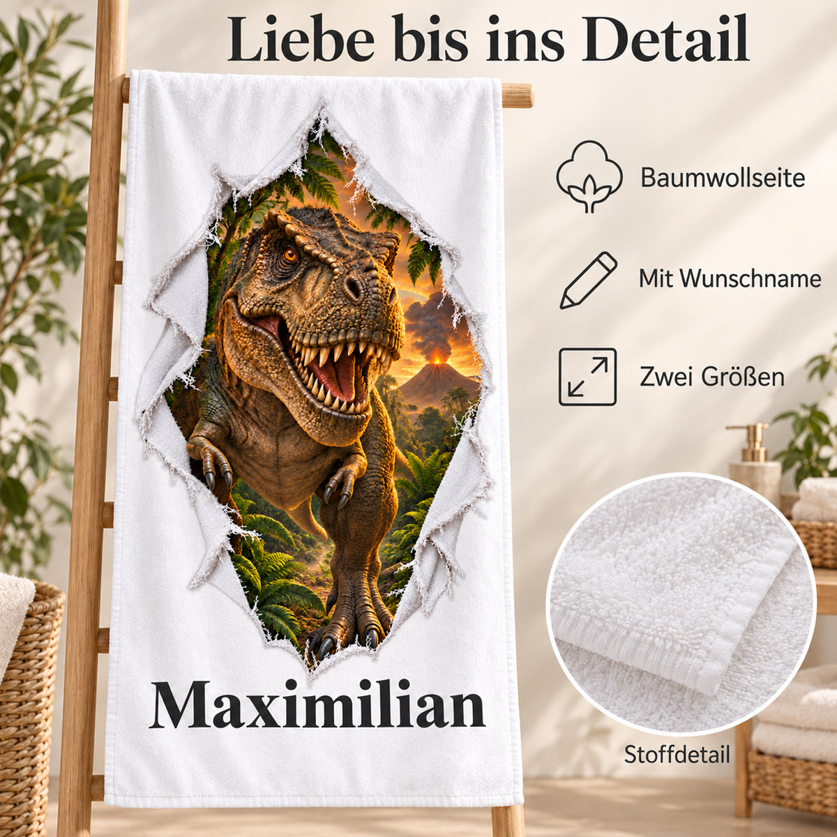Weißes personalisiertes Handtuch mit T-Rex-Motiv im Stoffriss-Design mit Materialdetail und Informationen zur Personalisierung.