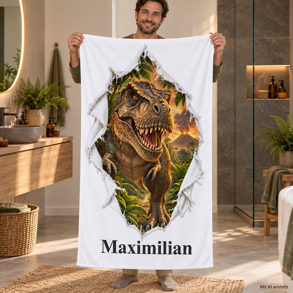 Weißes Handtuch mit T-Rex-Motiv im Stoffriss-Design und Wunschname, von einem erwachsenen Mann im Badezimmer gehalten.
