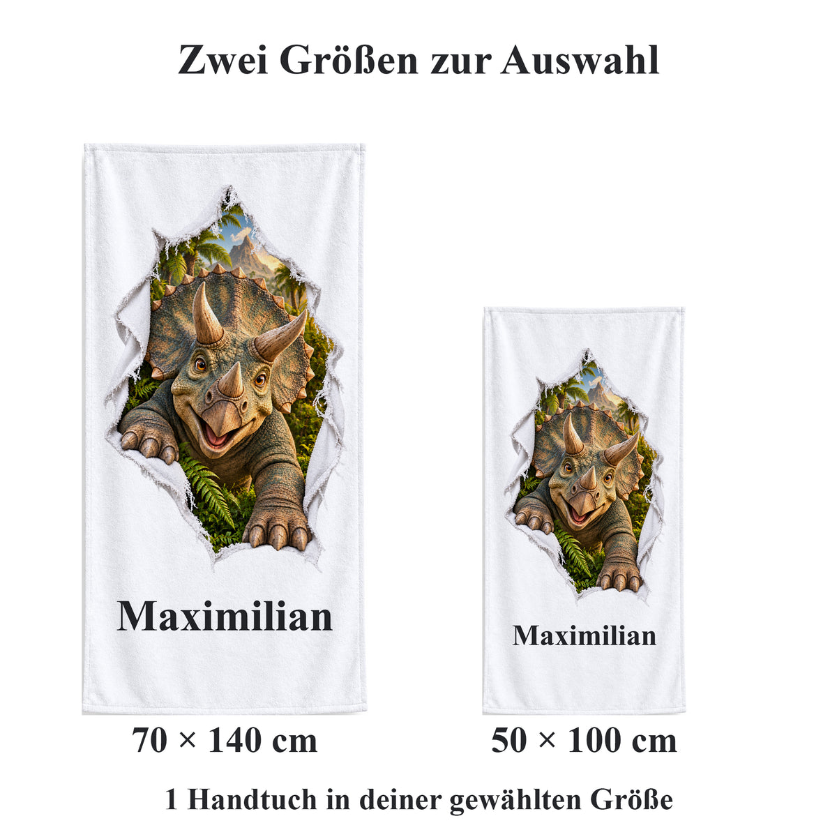Weißes personalisiertes Handtuch mit Triceratops-Motiv im Stoffriss-Design im Vergleich der zwei wählbaren Größen.