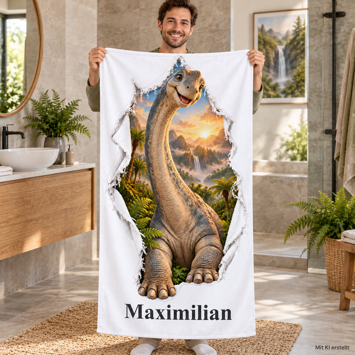 Weißes Handtuch mit Langhals-Dinosaurier-Motiv im Stoffriss-Design und Wunschname, von einem erwachsenen Mann im Badezimmer gehalten.