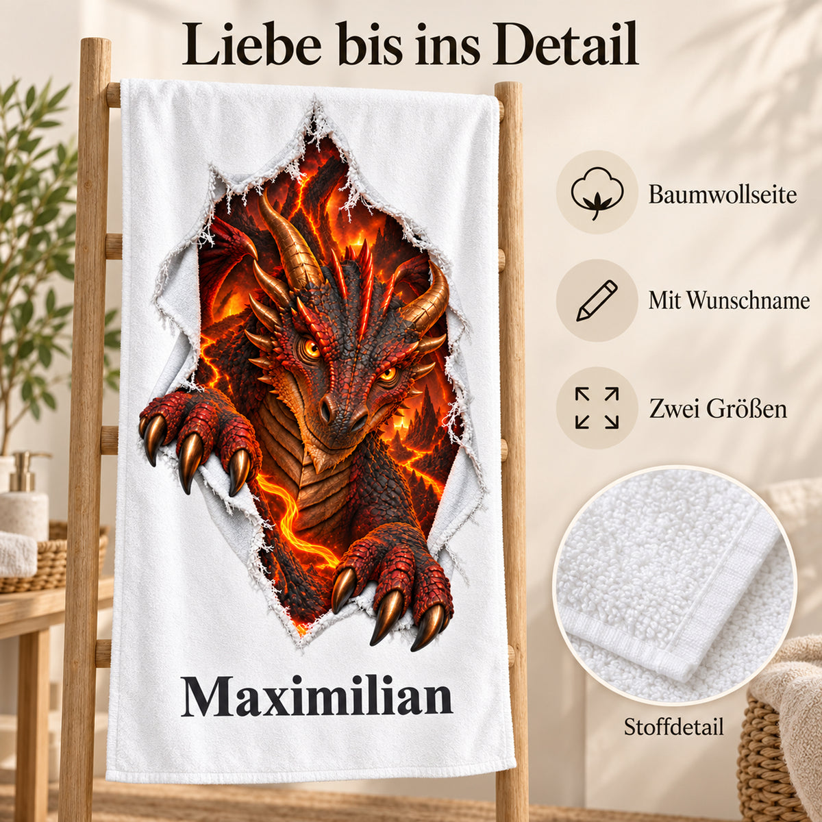 Weißes personalisiertes Handtuch mit Feuerdrache-Motiv im Stoffriss-Design mit Materialdetail und Informationen zur Personalisierung.