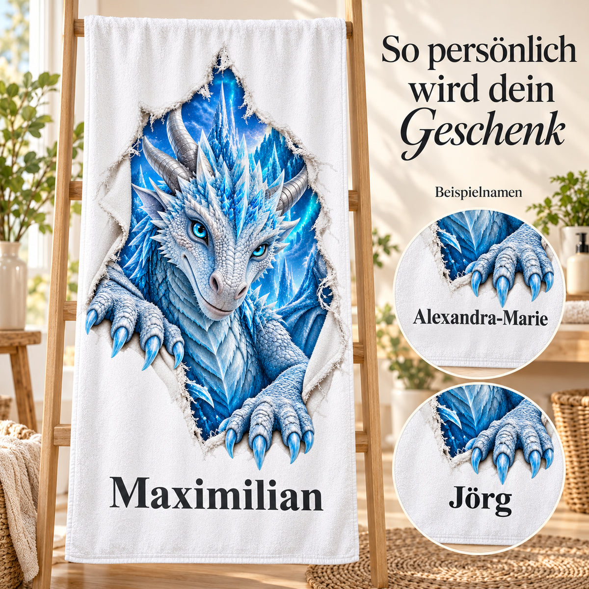 Weißes personalisiertes Handtuch mit Eisdrache-Motiv im Stoffriss-Design mit verschiedenen Beispielnamen.