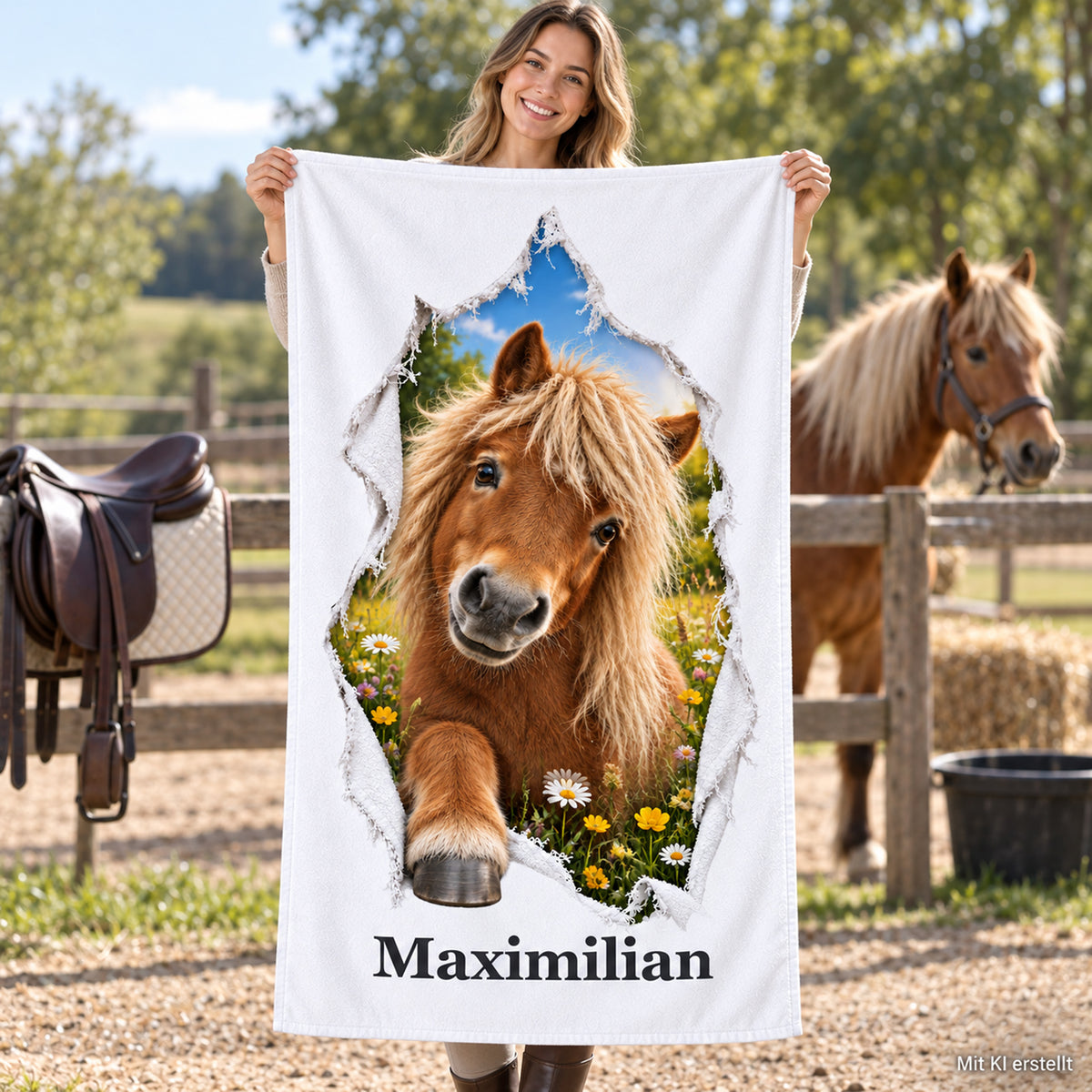 Person hält ein personalisiertes Pferde-Handtuch mit Shetlandpony in einer Reitszene