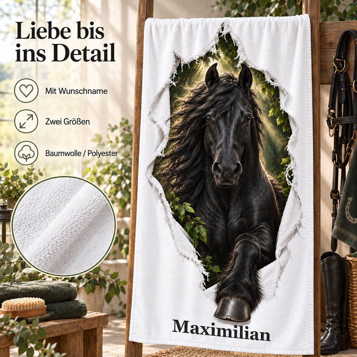 Handtuch mit Friese, Wunschname und Angaben zu zwei Größen und Material