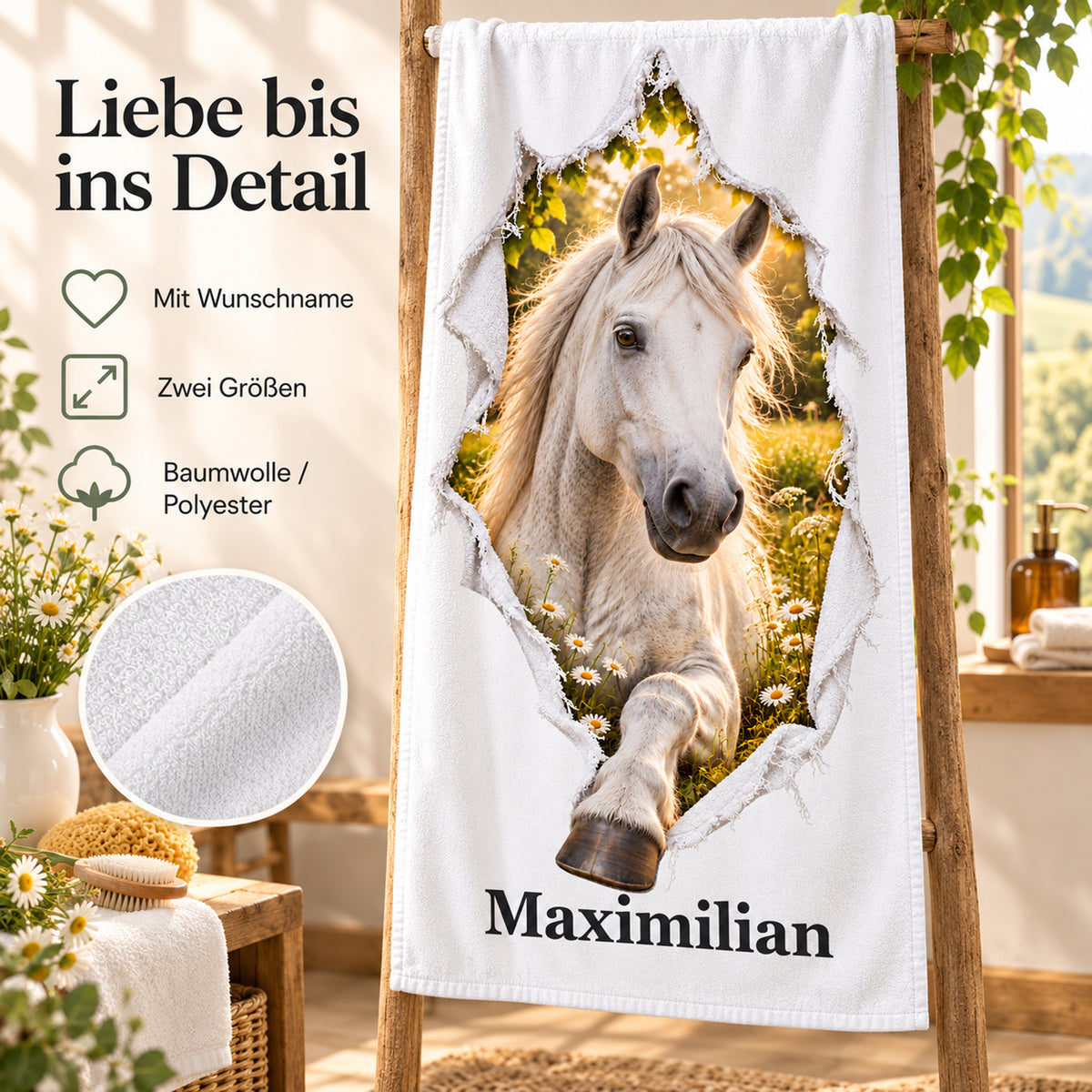 Handtuch mit Schimmel, Wunschname und Angaben zu zwei Größen und Material