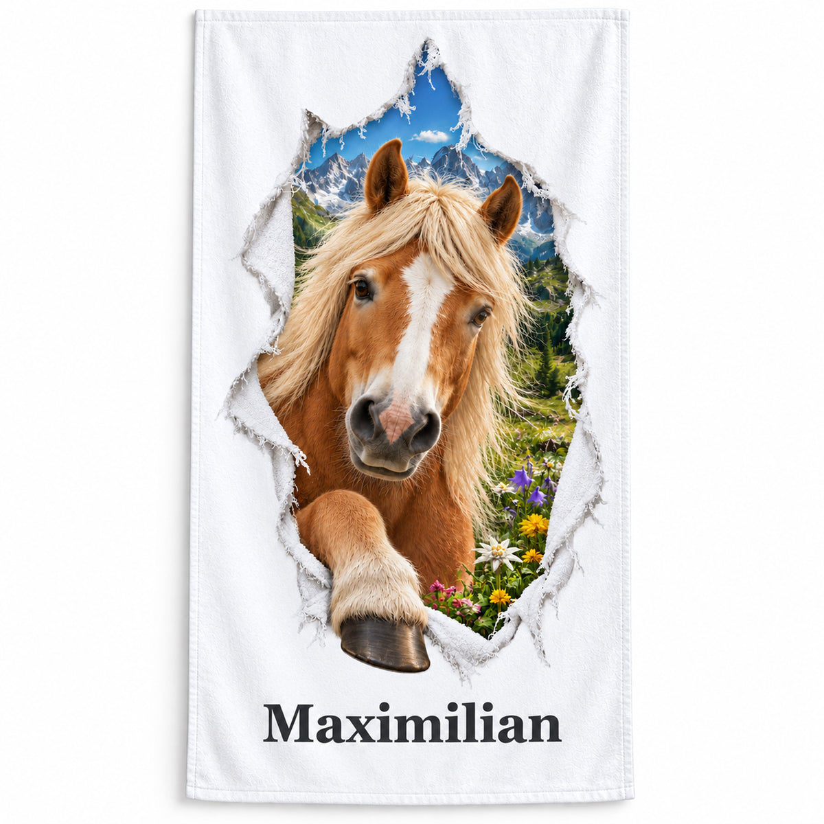 Weißes Pferde-Handtuch mit Haflinger, gedrucktem Stoffriss und Wunschname