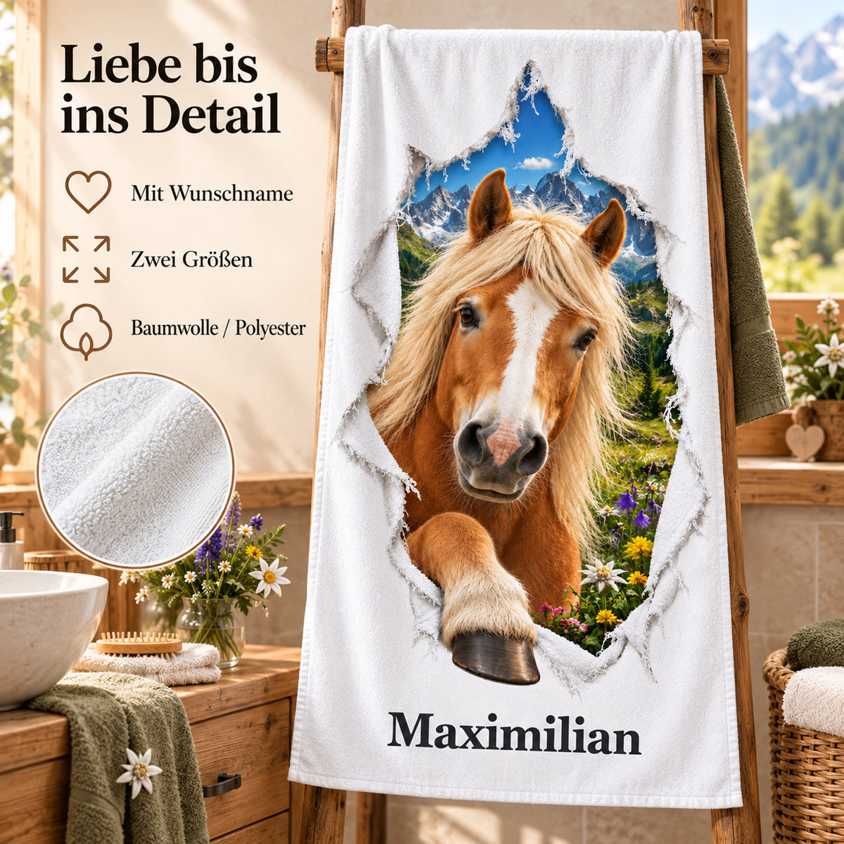 Handtuch mit Haflinger, Wunschname und Angaben zu zwei Größen und Material