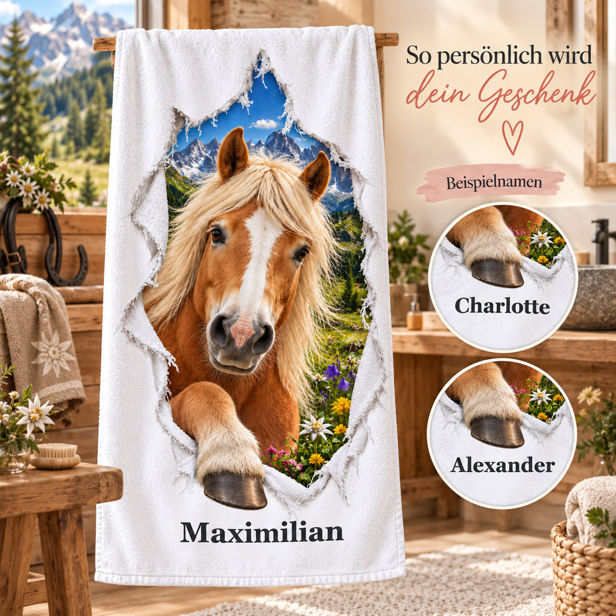 Pferde-Handtuch mit Haflinger und Namensbeispiele in runden Detailausschnitten