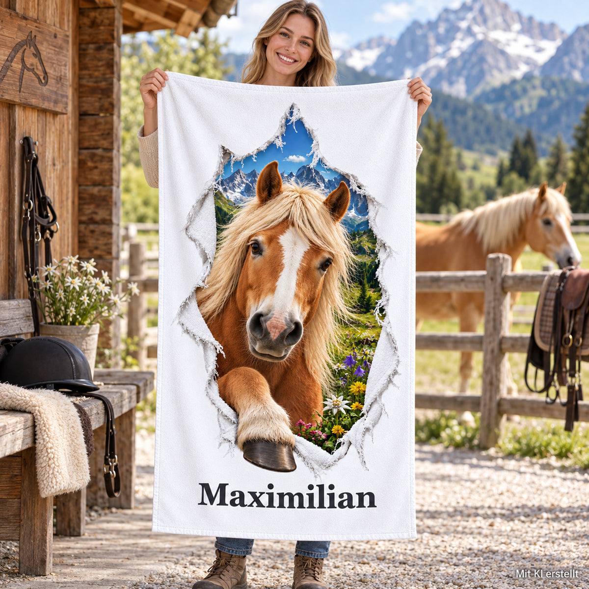 Person hält ein personalisiertes Pferde-Handtuch mit Haflinger in einer Reitszene