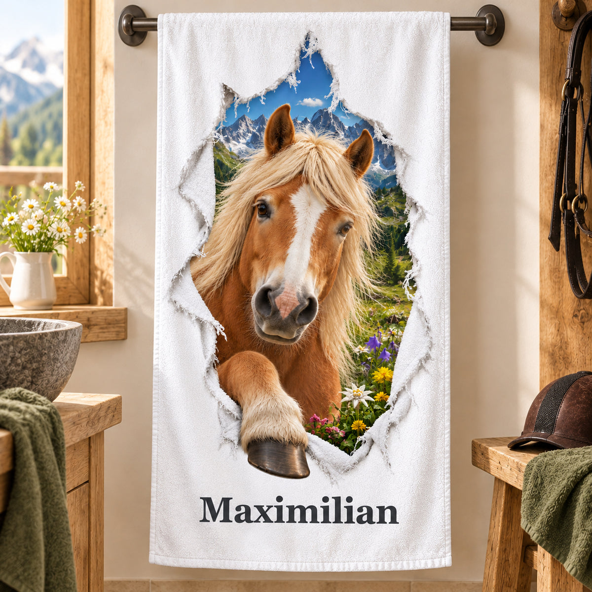 Pferde-Handtuch mit Haflinger und Wunschname am Handtuchhalter