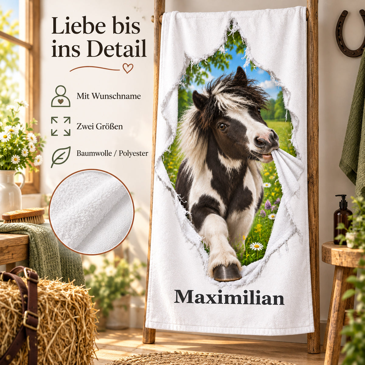Handtuch mit Schecke, Wunschname und Angaben zu zwei Größen und Material