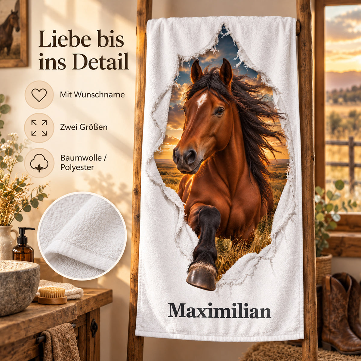 Handtuch mit Mustang, Wunschname und Angaben zu zwei Größen und Material