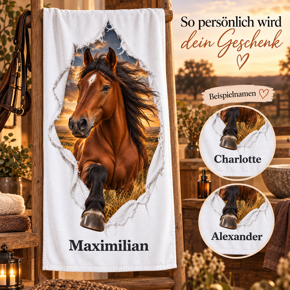 Pferde-Handtuch mit Mustang und Namensbeispiele in runden Detailausschnitten