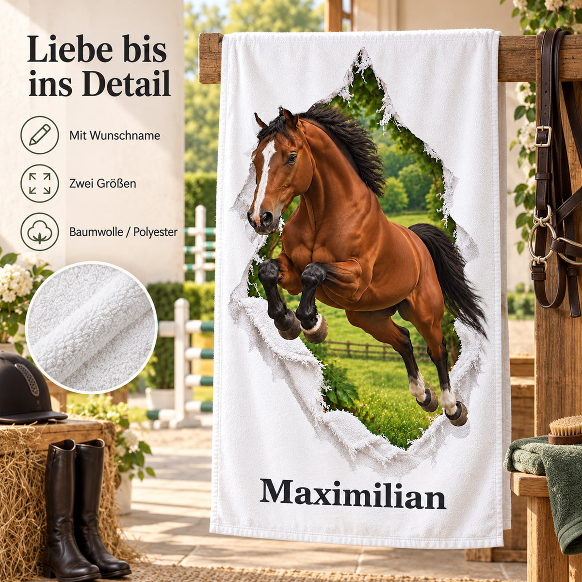 Handtuch mit Springpferd, Wunschname und Angaben zu zwei Größen und Material
