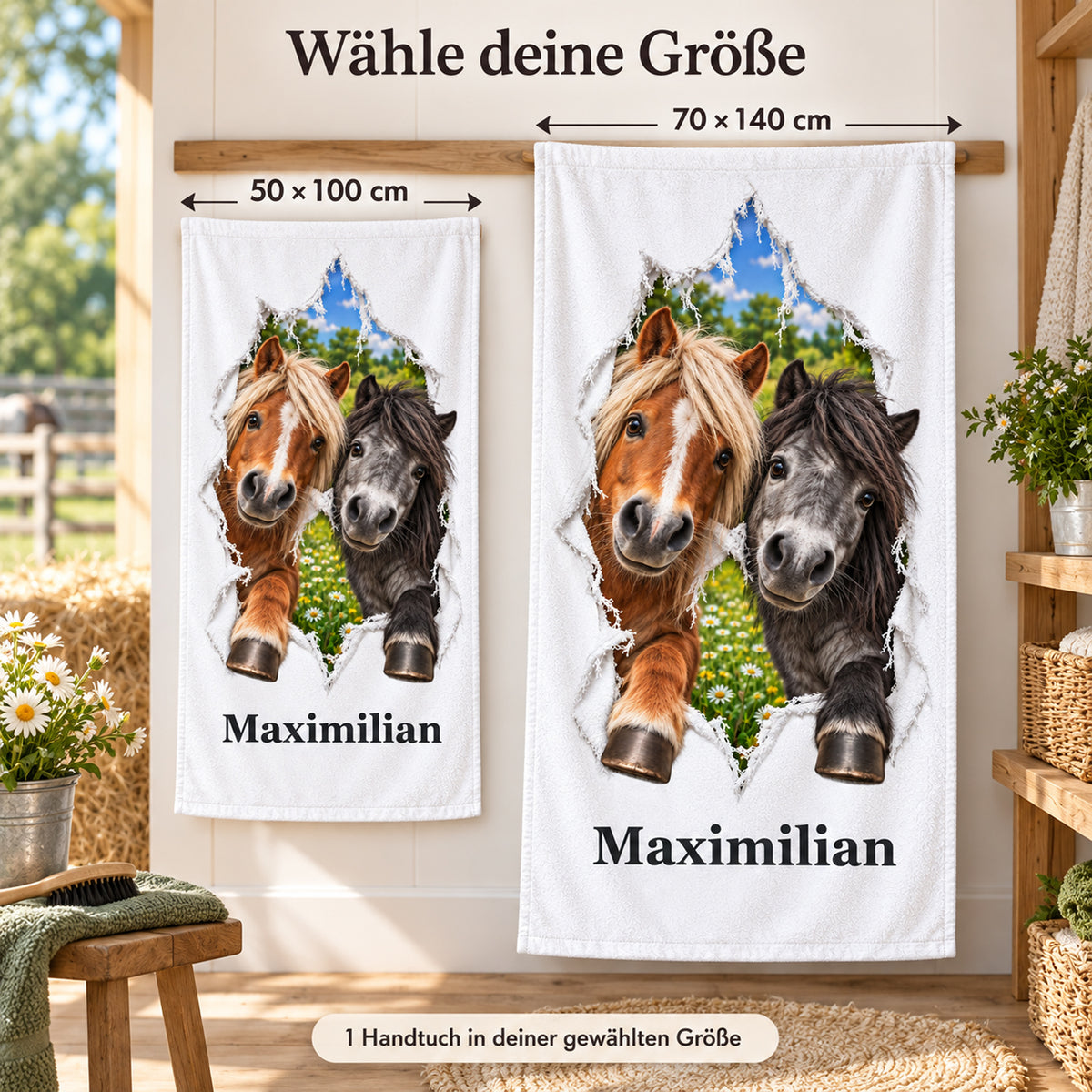 Handtuch mit zwei Ponys in den Größen 50 × 100 cm und 70 × 140 cm