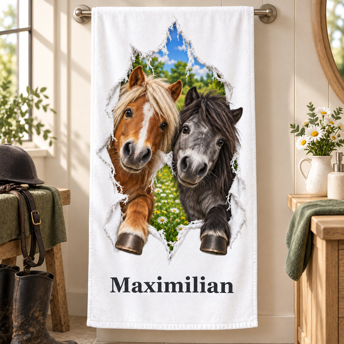 Pferde-Handtuch mit zwei Ponys und Wunschname am Handtuchhalter