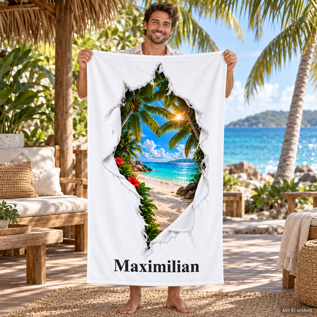 Handtuch mit Palmenstrand in Rissoptik und Wunschname, von einer Person im Urlaub gezeigt